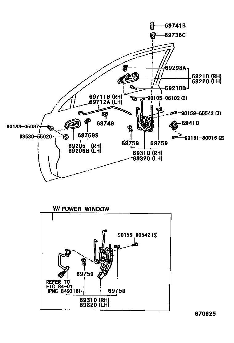Toyota COROLLA 前门锁和车门把手 EPC diagram — 670625