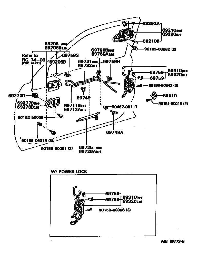 Toyota COROLLA 前门锁和车门把手 EPC diagram — MBW773B