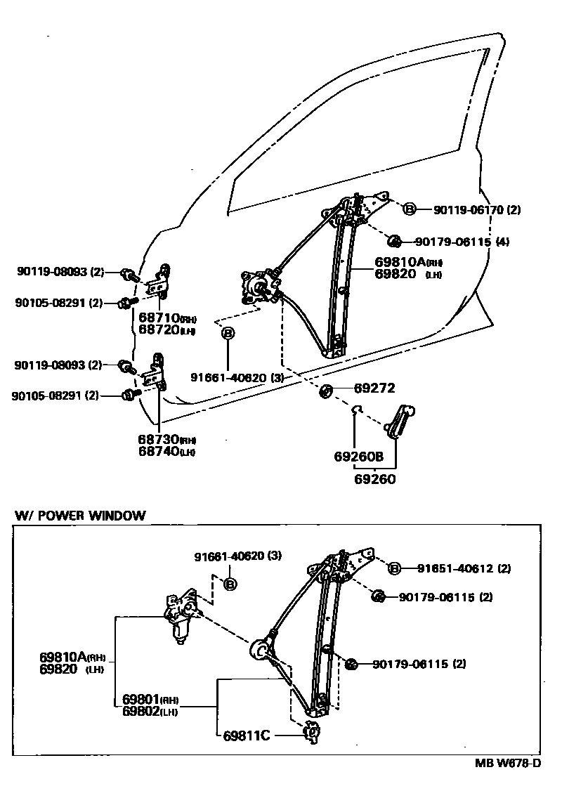 Toyota COROLLA 前门车窗升降器和合页 EPC diagram — MBW678D