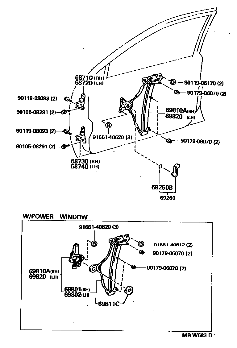 Toyota COROLLA 前门车窗升降器和合页 EPC diagram — MBW683D