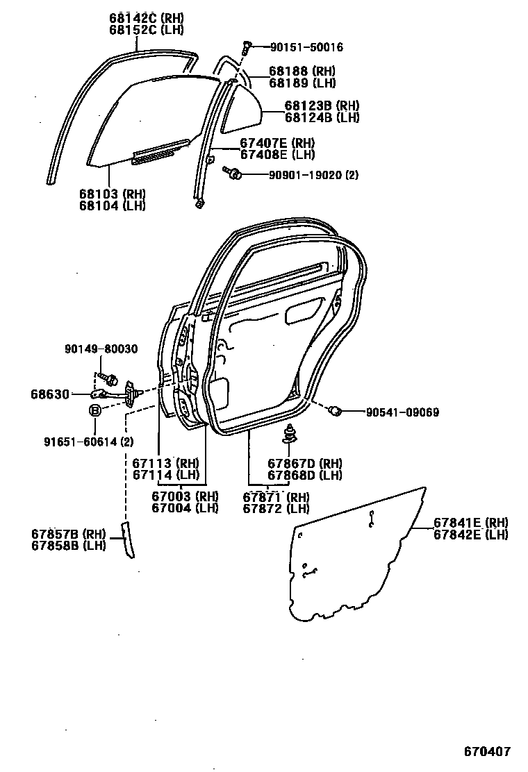 Toyota COROLLA 后门板和后门玻璃 EPC diagram — 670407