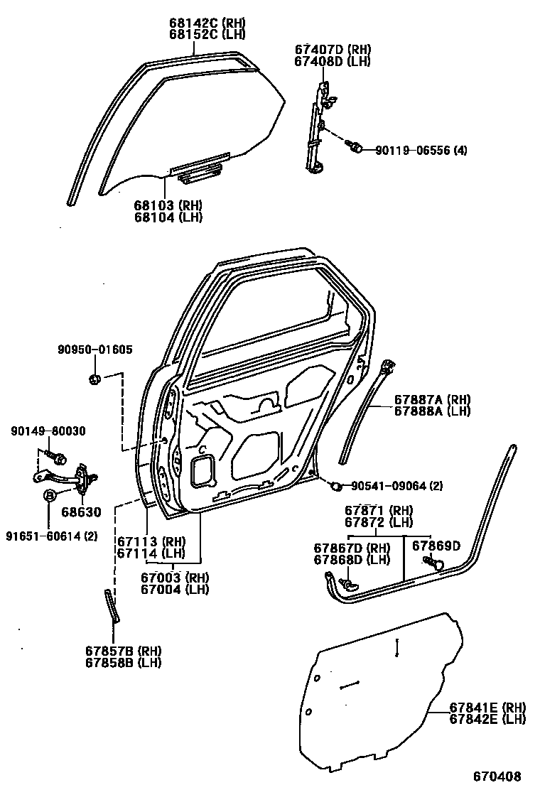 Toyota COROLLA 后门板和后门玻璃 EPC diagram — 670408