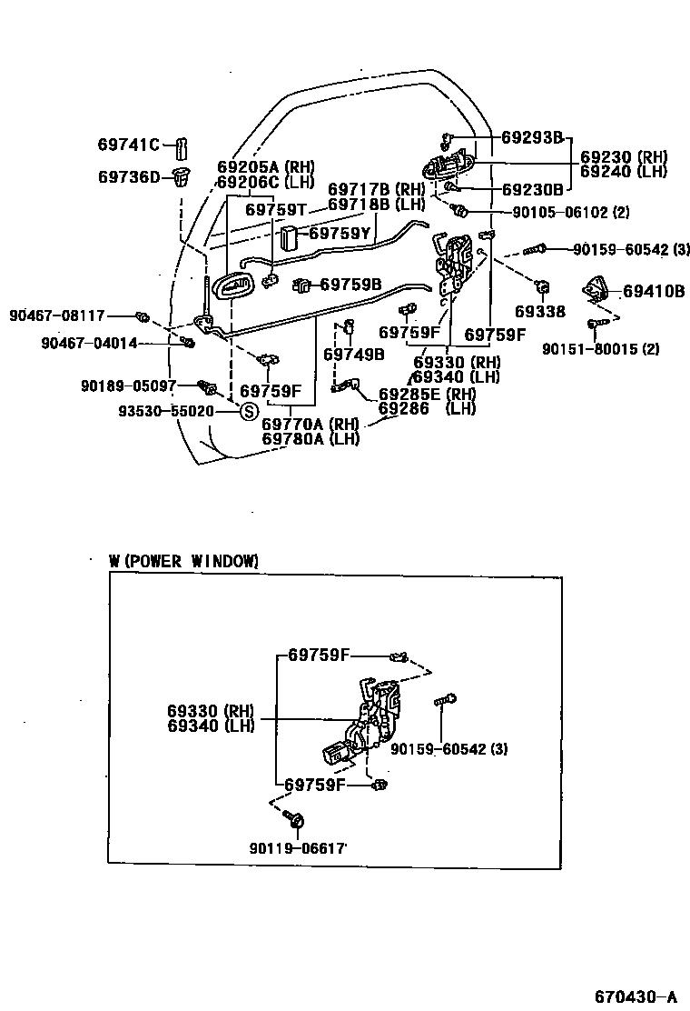 Toyota COROLLA 后门锁和后门把手 EPC diagram — 670430A