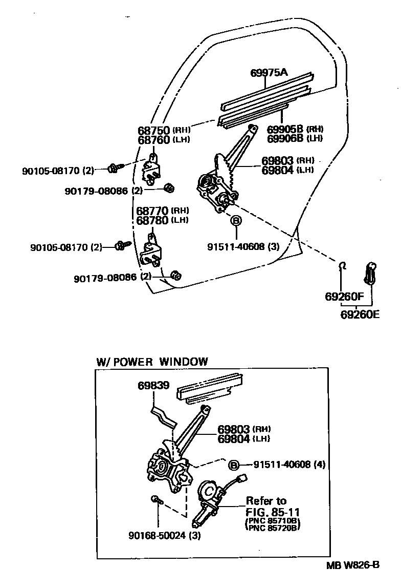 Toyota COROLLA 后门车窗升降器和合页 EPC diagram — MBW826B
