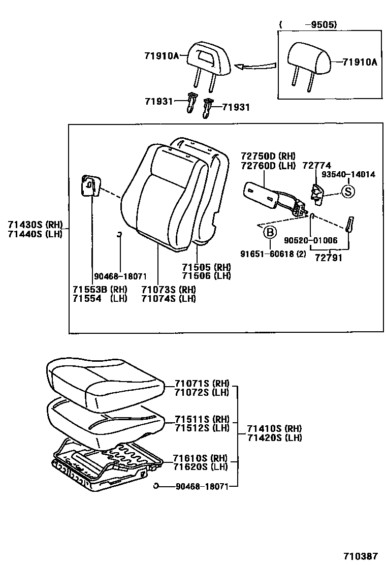 Toyota COROLLA 前排座椅和座椅滑轨 EPC diagram — 710387