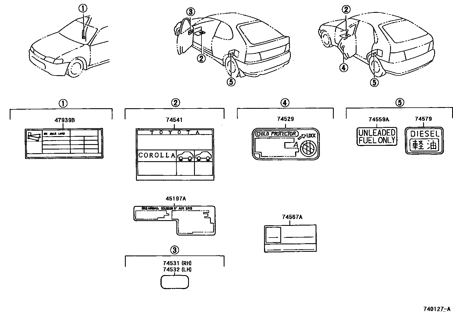 Toyota COROLLA 警示铭牌(车外和车内) EPC diagram — 740127A