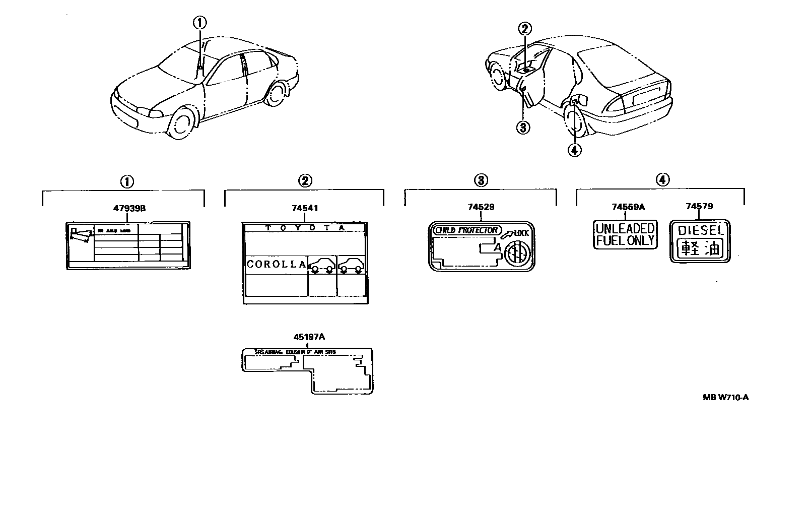 Toyota COROLLA 警示铭牌(车外和车内) EPC diagram — MBW710A
