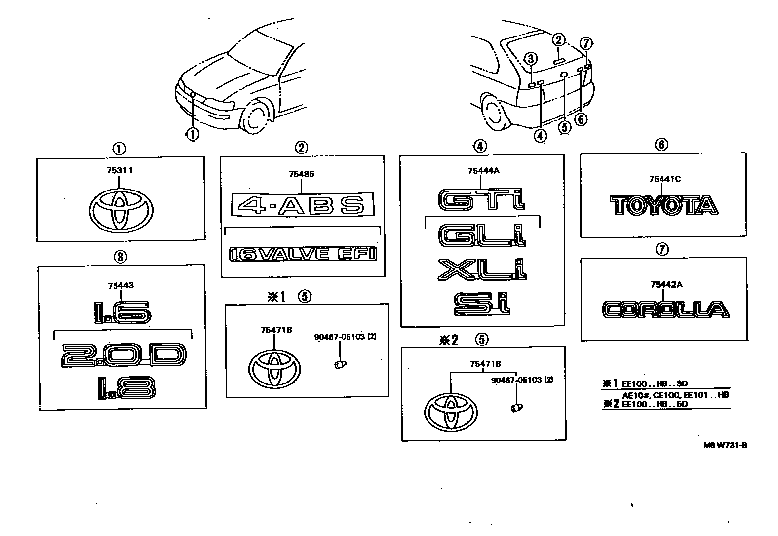 Toyota COROLLA 丰田徽标和铭牌(车外和车内) EPC diagram — MBW731B