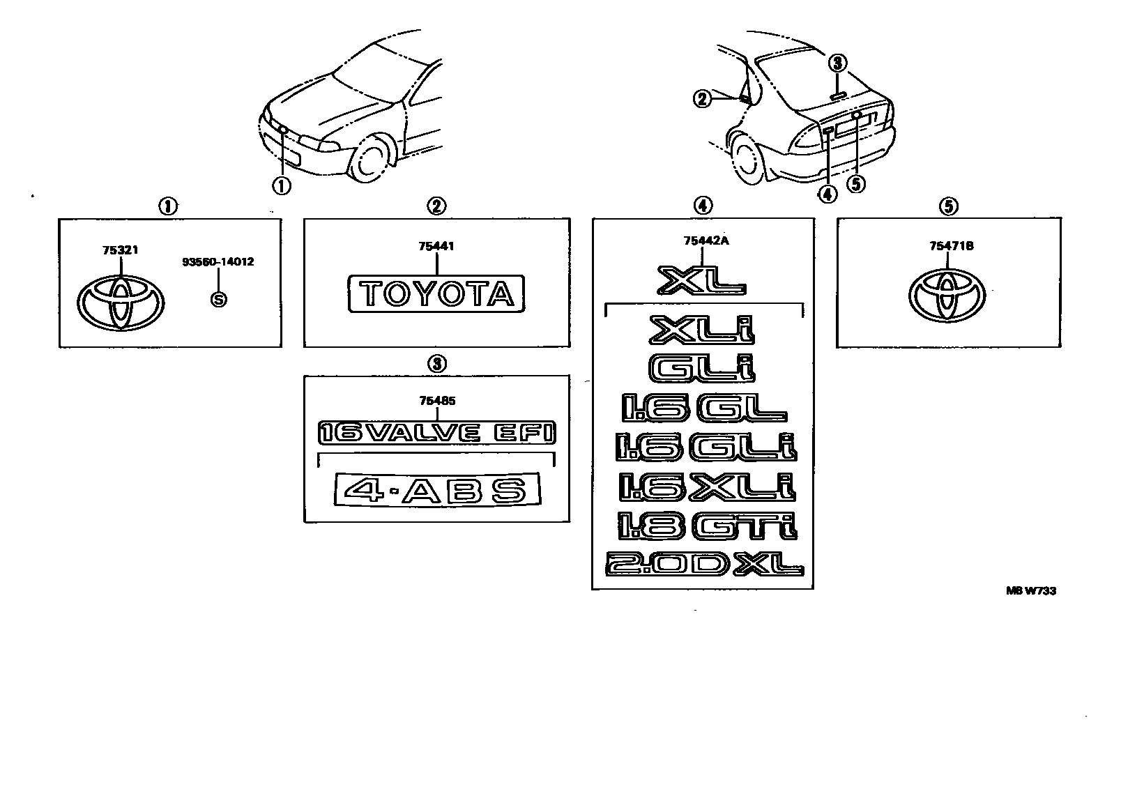 Toyota COROLLA 丰田徽标和铭牌(车外和车内) EPC diagram — MBW733
