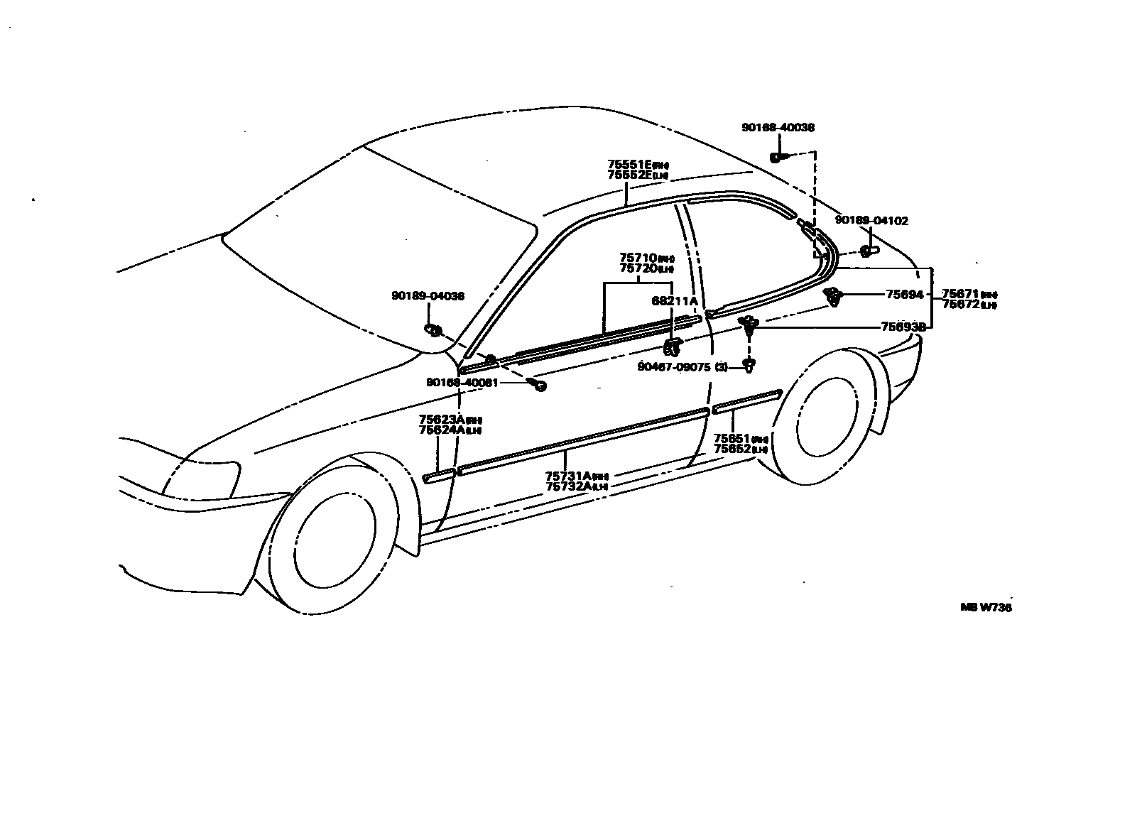 Toyota COROLLA 侧防护条 EPC diagram — MBW736