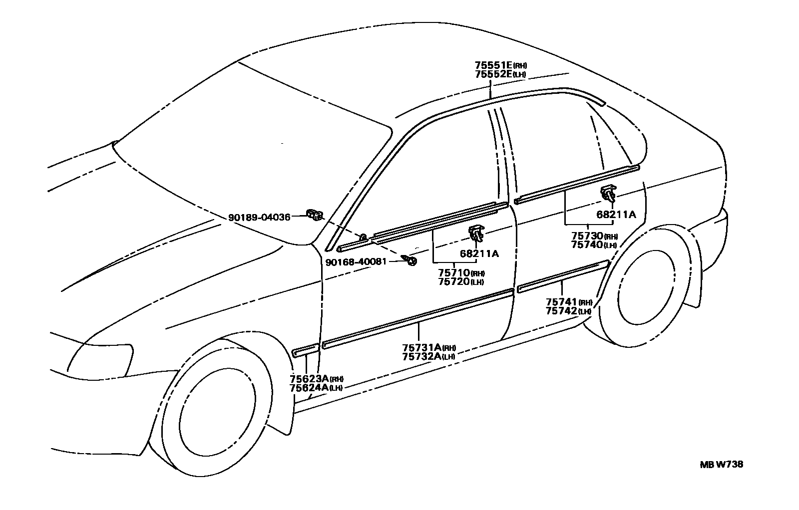 Toyota COROLLA 侧防护条 EPC diagram — MBW738