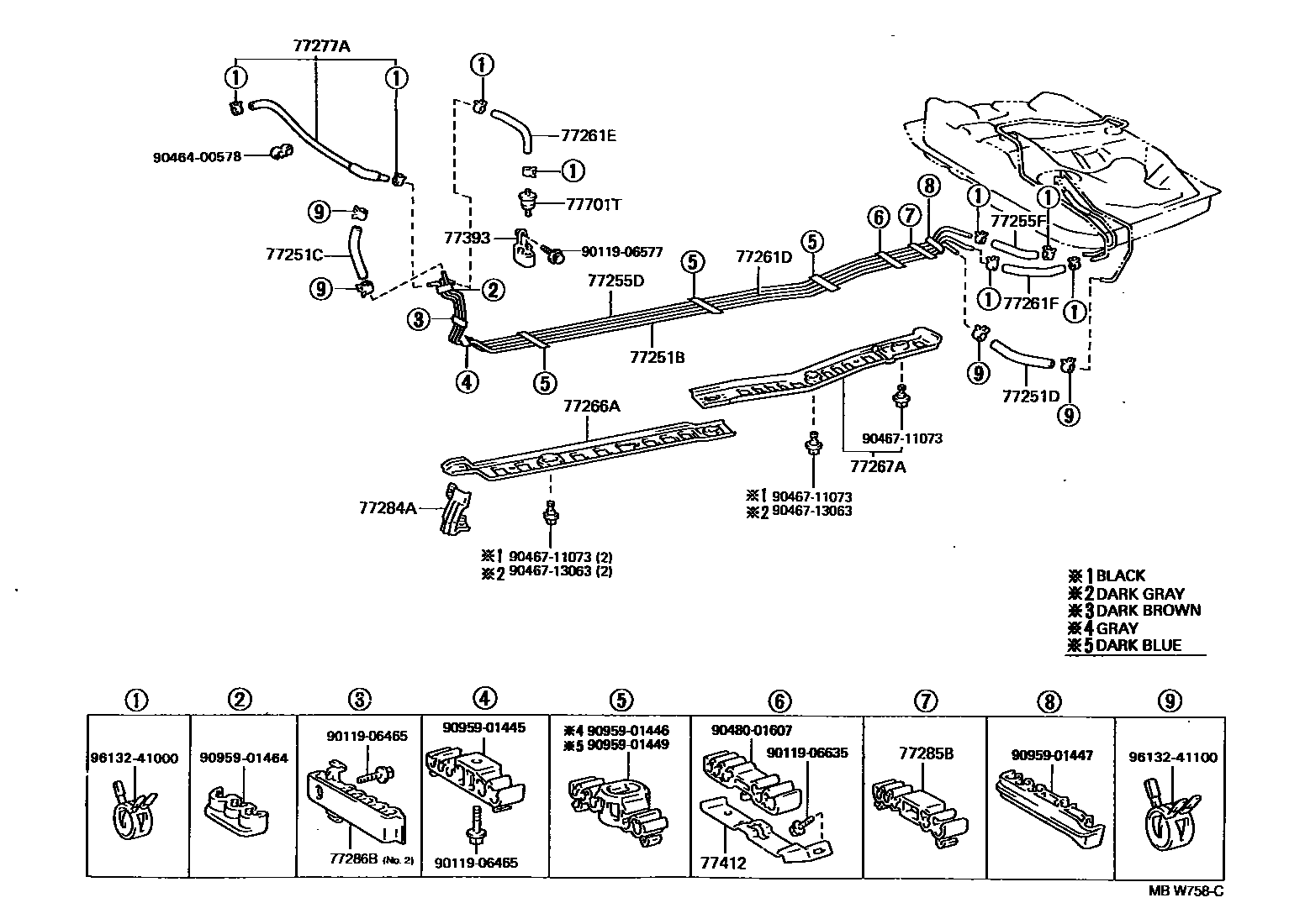 Toyota COROLLA 燃油箱和燃油管 EPC diagram — MBW758C