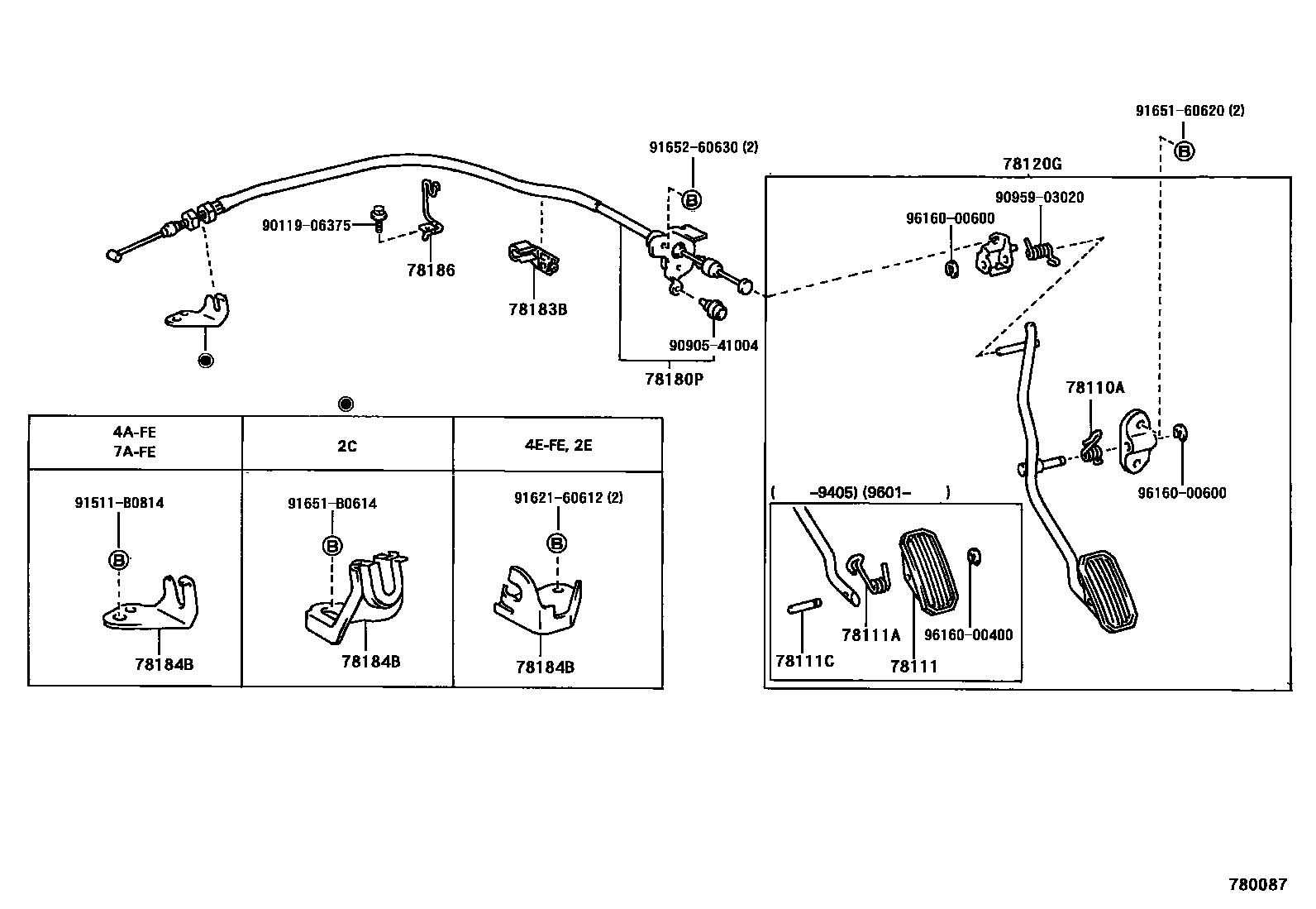 Toyota COROLLA accelerator pedal connecting rod EPC diagram — 780087