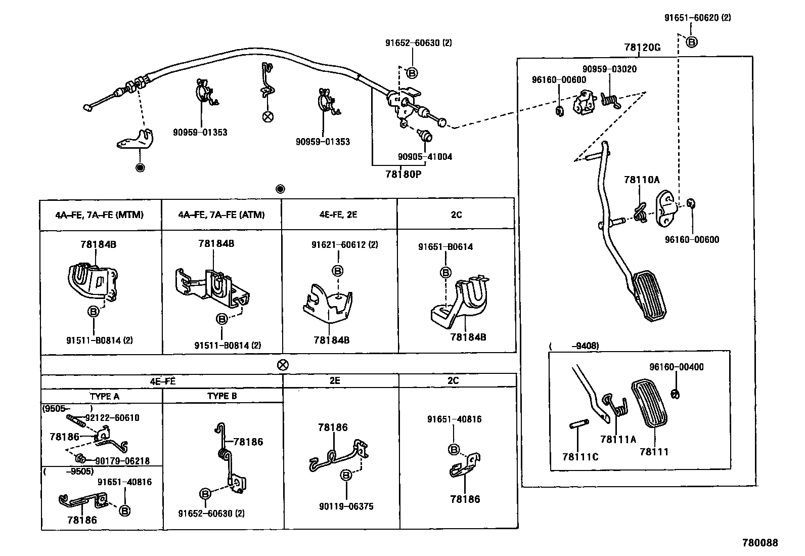 Toyota COROLLA accelerator pedal connecting rod EPC diagram — 780088