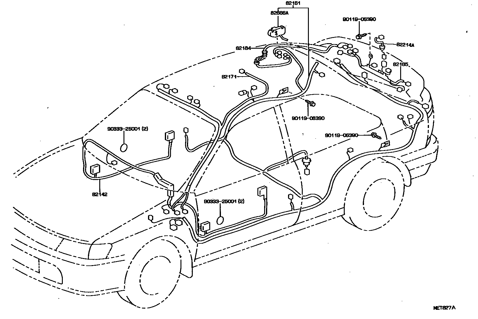 Toyota COROLLA 线束和卡夹 EPC diagram — MET827A
