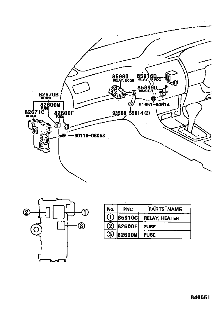 Toyota COROLLA 开关和继电器和ECU EPC diagram — 840651