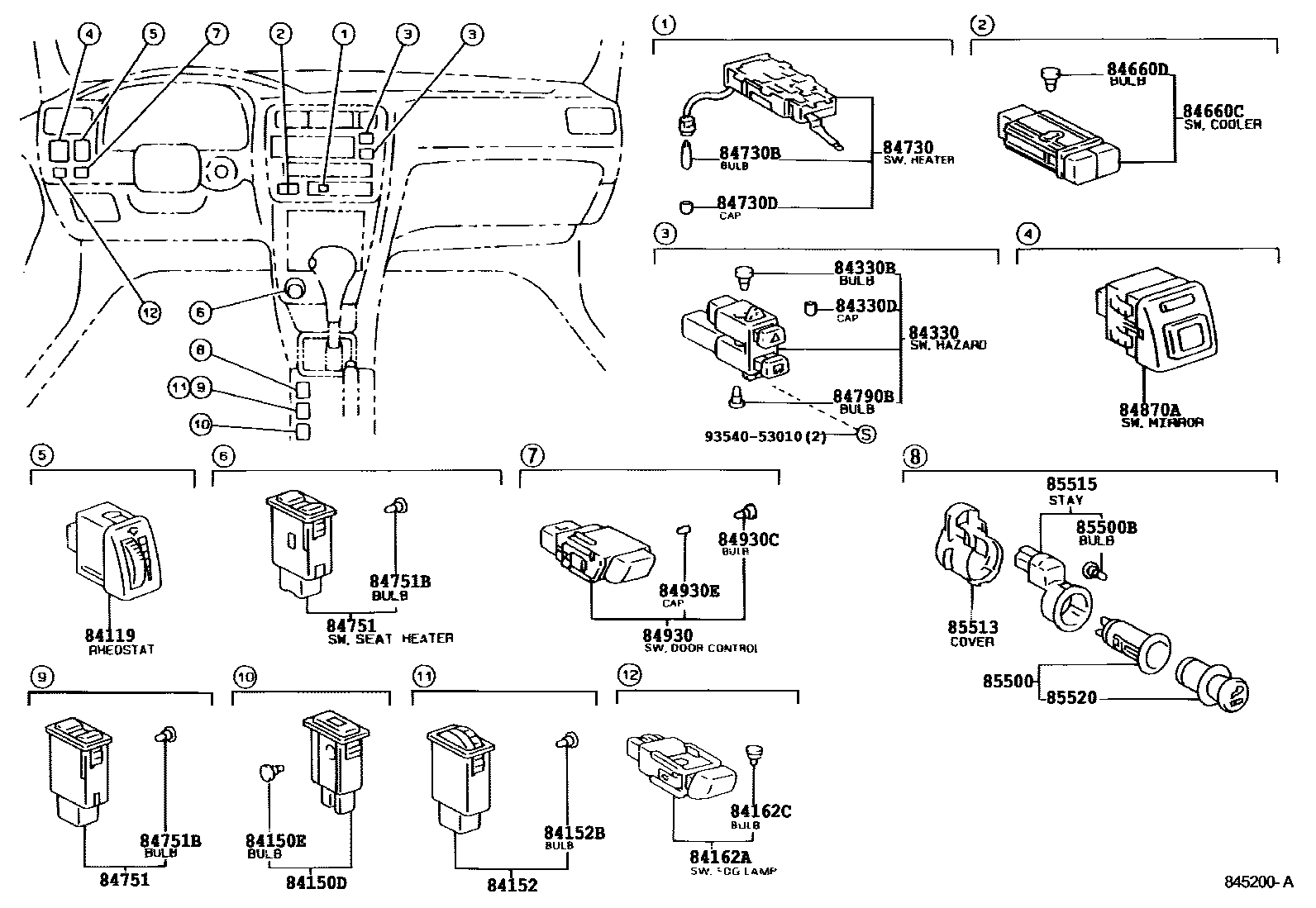 Toyota COROLLA 开关和继电器和ECU EPC diagram — 845200A