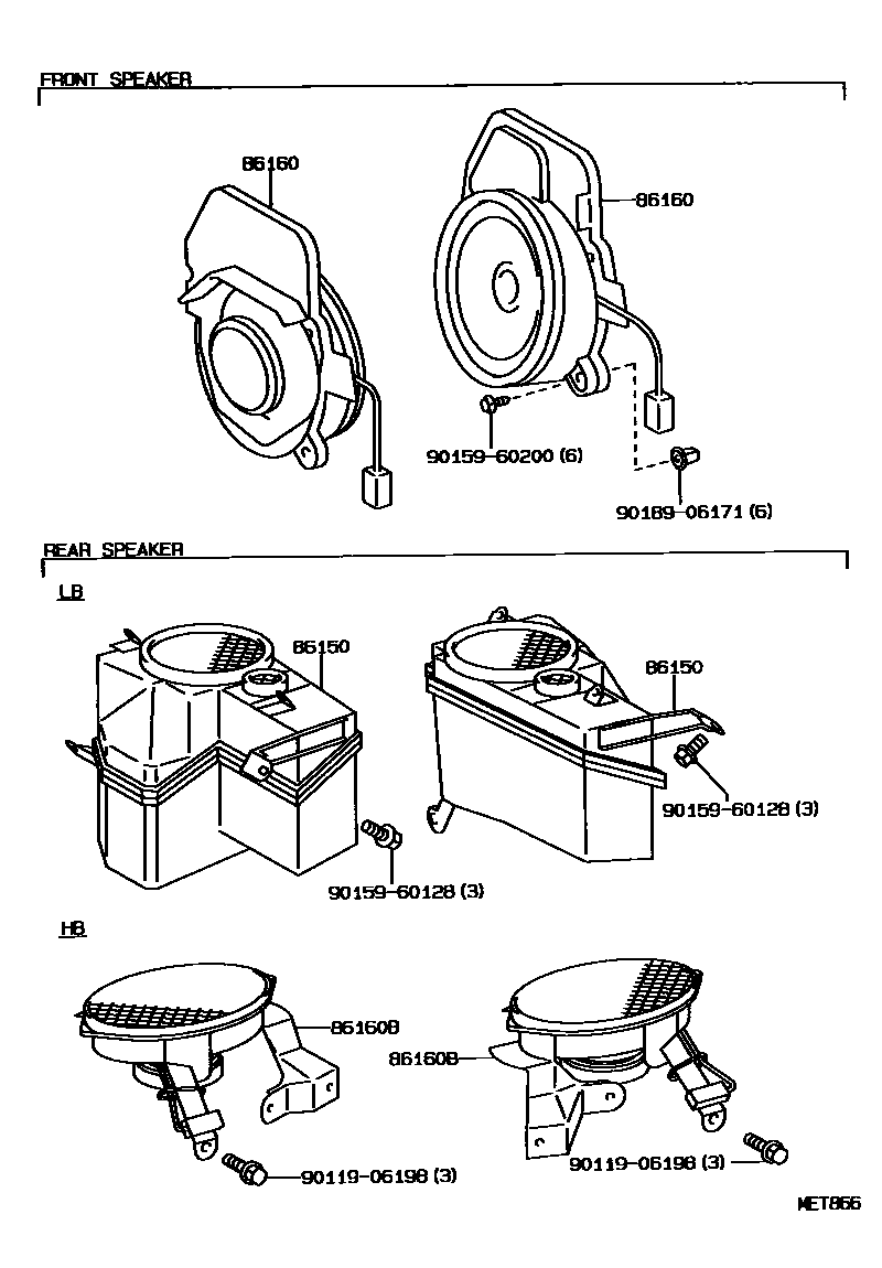 Toyota COROLLA 扬声器 EPC diagram — MET866