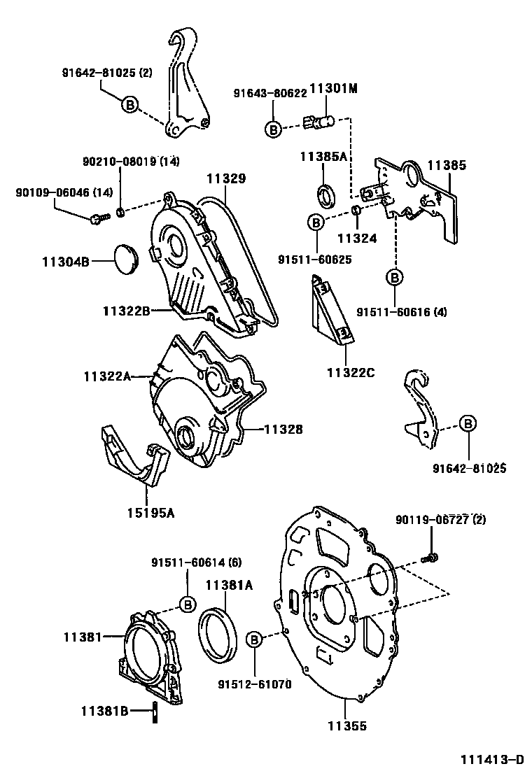Toyota COROLLA Timing Gear Cover & Rear End Plate EPC diagram — 111413D