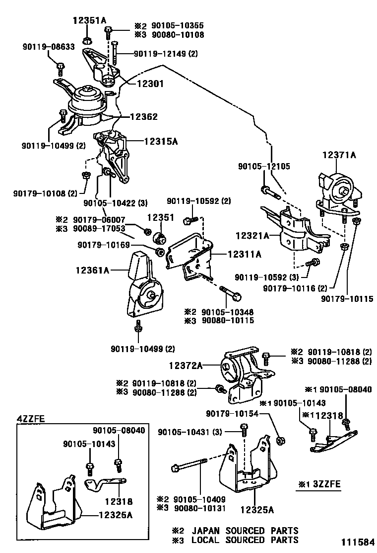 Toyota COROLLA Engine Mounting EPC diagram — 111584