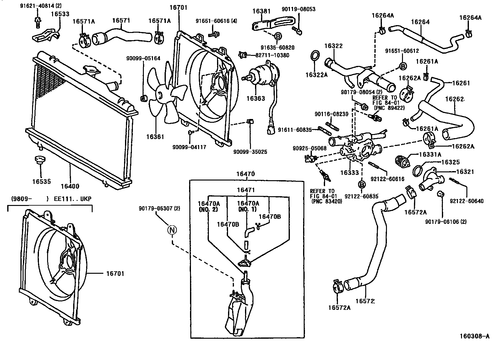 Toyota COROLLA RADIATOR & WATER OUTLET EPC diagram — 160308A