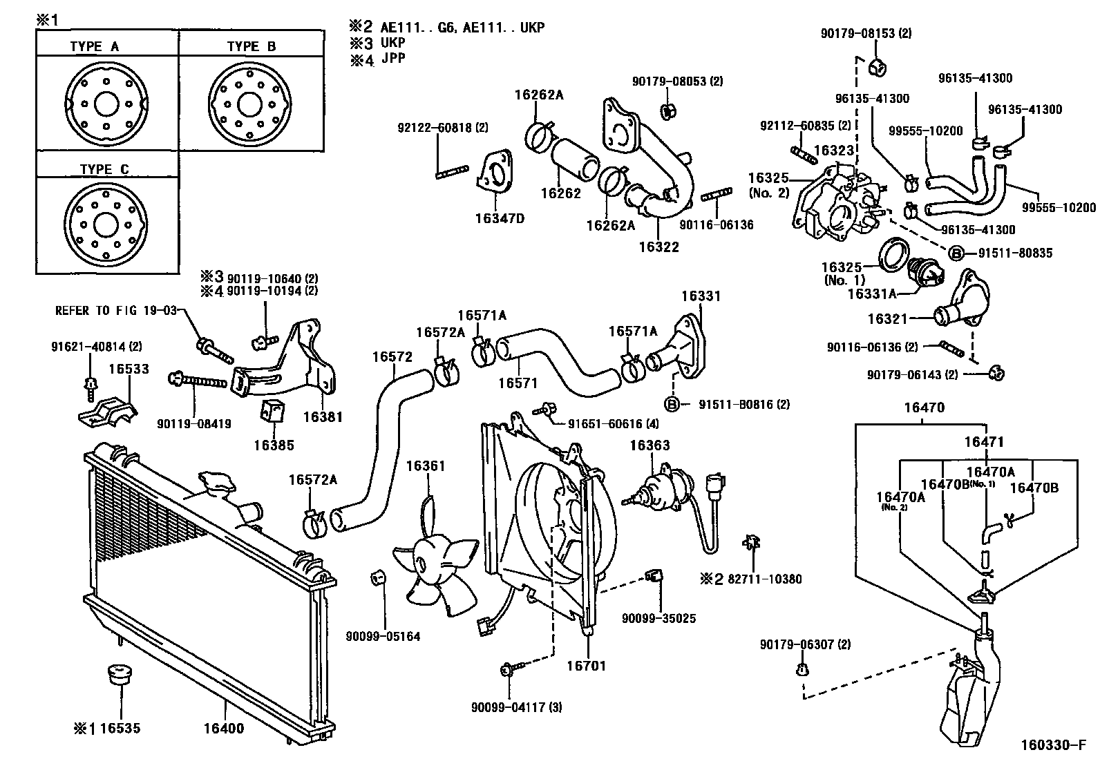 Toyota COROLLA RADIATOR & WATER OUTLET EPC diagram — 160330F