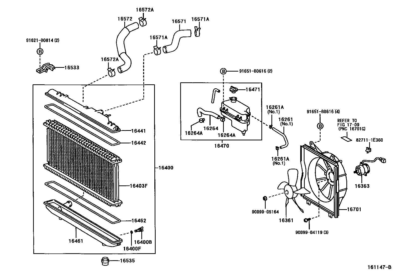Toyota COROLLA RADIATOR & WATER OUTLET EPC diagram — 161147B