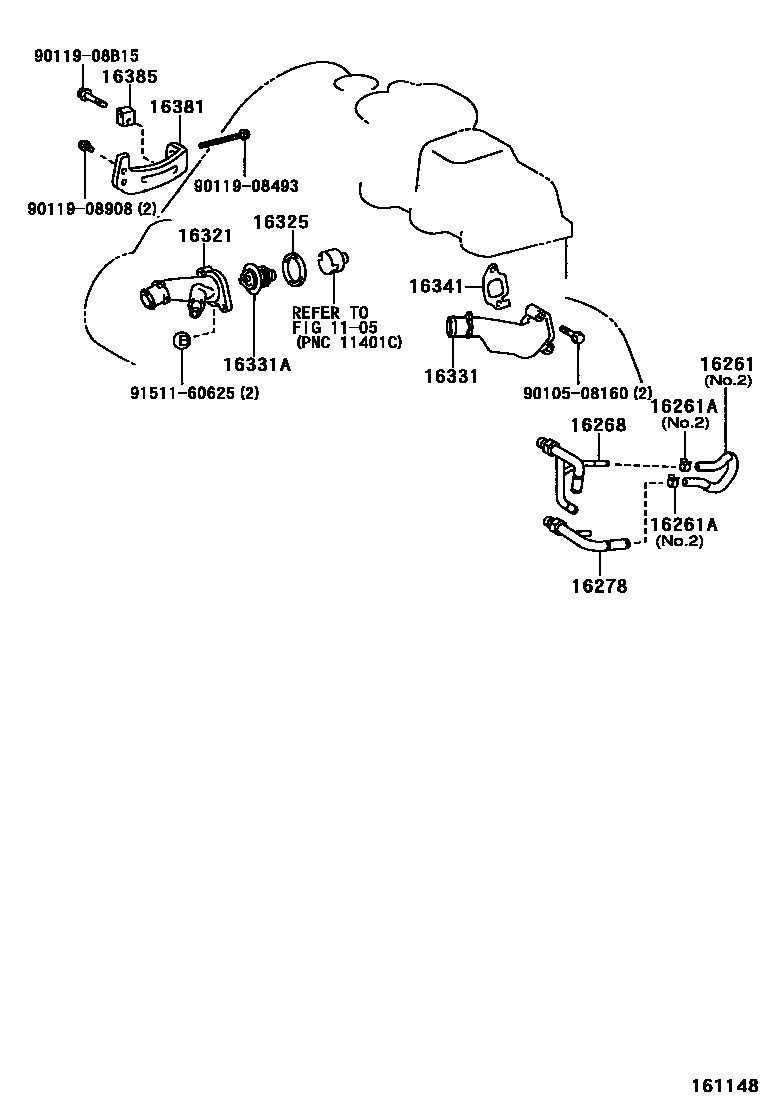 Toyota COROLLA RADIATOR & WATER OUTLET EPC diagram — 161148