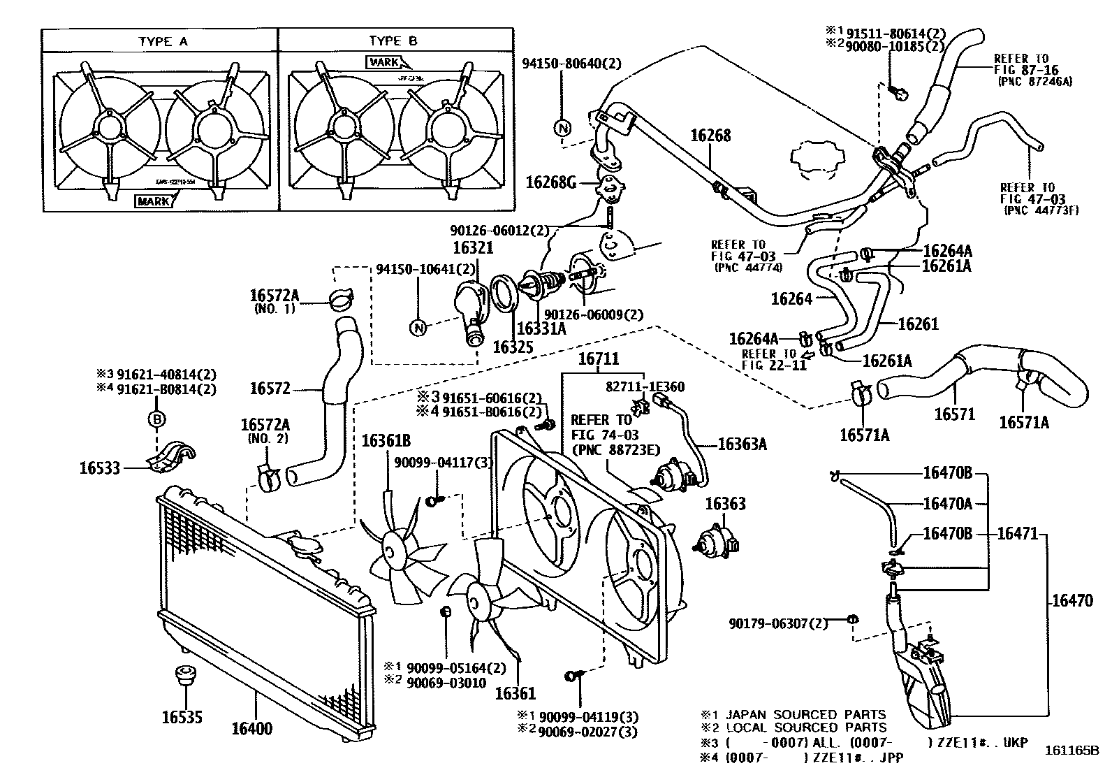 Toyota COROLLA RADIATOR & WATER OUTLET EPC diagram — 161165B