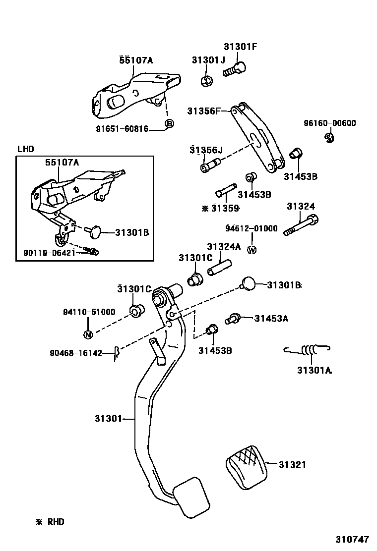 Toyota COROLLA 离合器踏板和挠性软管 EPC diagram — 310747