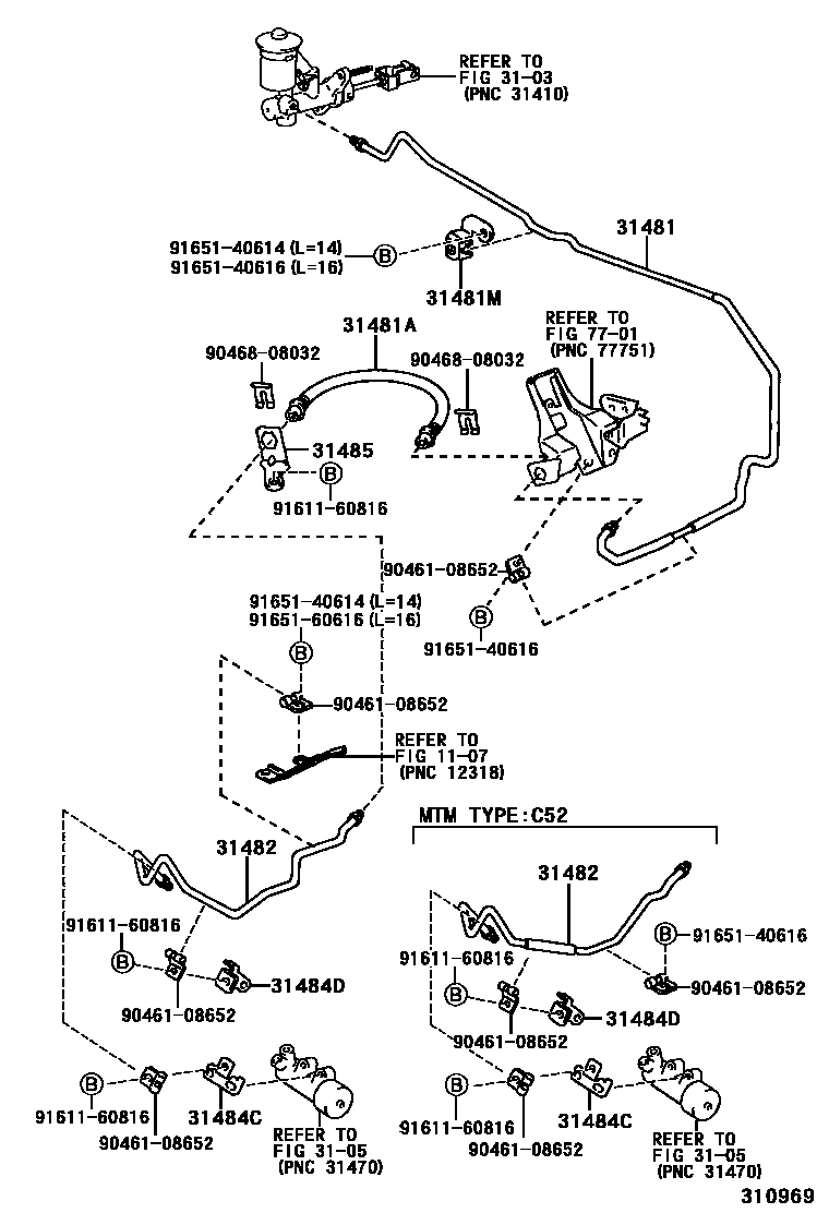 Toyota COROLLA 离合器踏板和挠性软管 EPC diagram — 310969