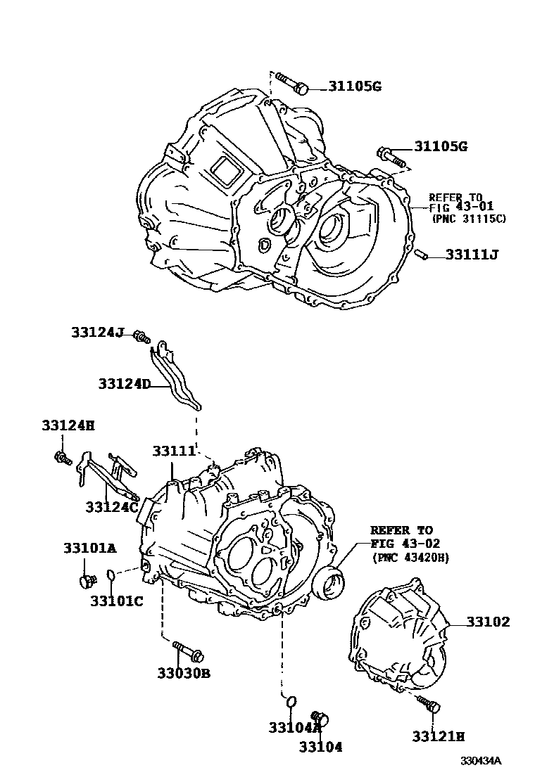 Toyota COROLLA 离合器壳和变速器壳(MTM) EPC diagram — 330434A