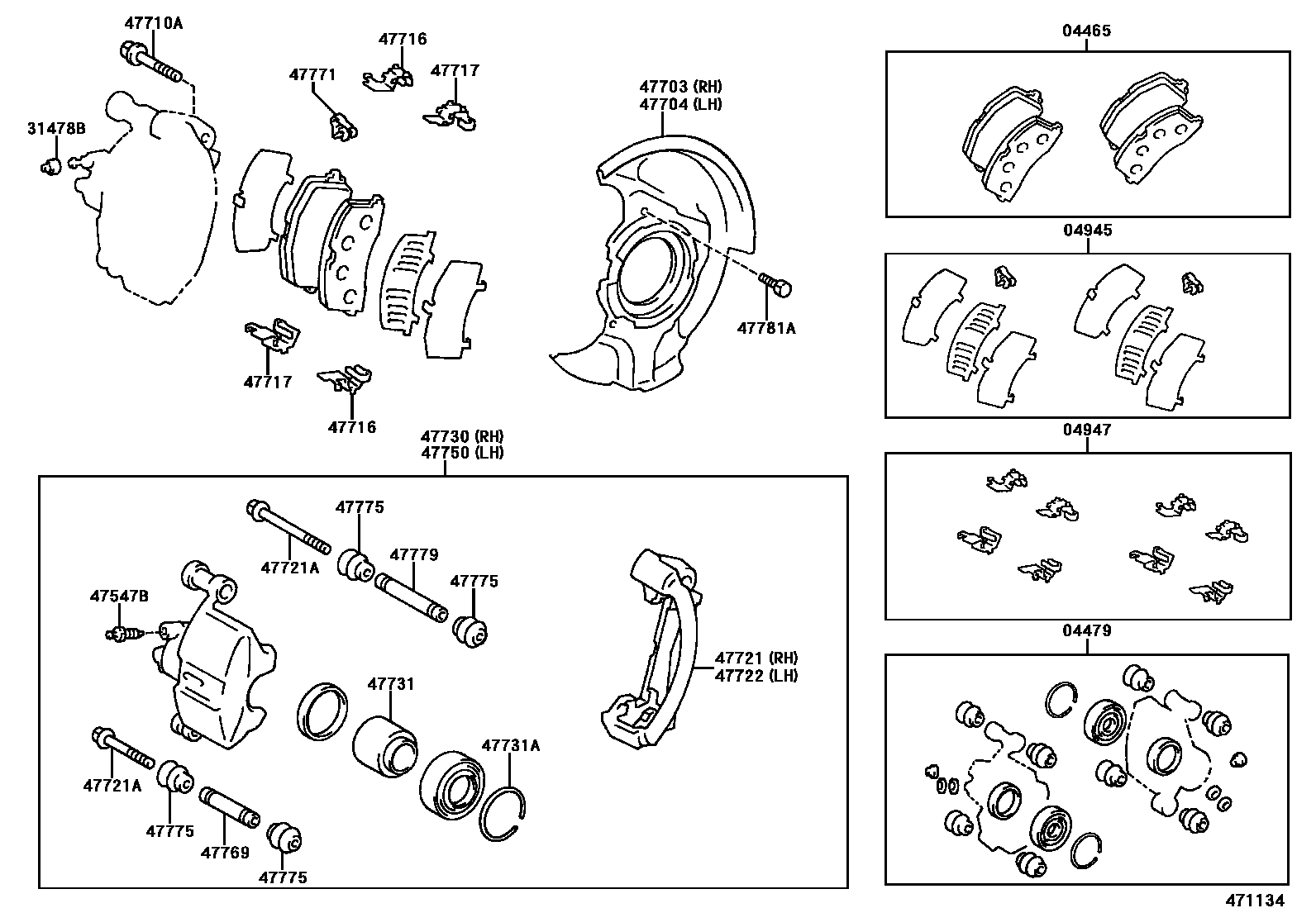 Toyota COROLLA 前盘式制动器卡钳和防尘罩 EPC diagram — 471134