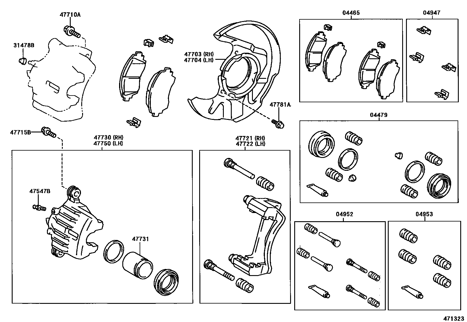 Toyota COROLLA 前盘式制动器卡钳和防尘罩 EPC diagram — 471323