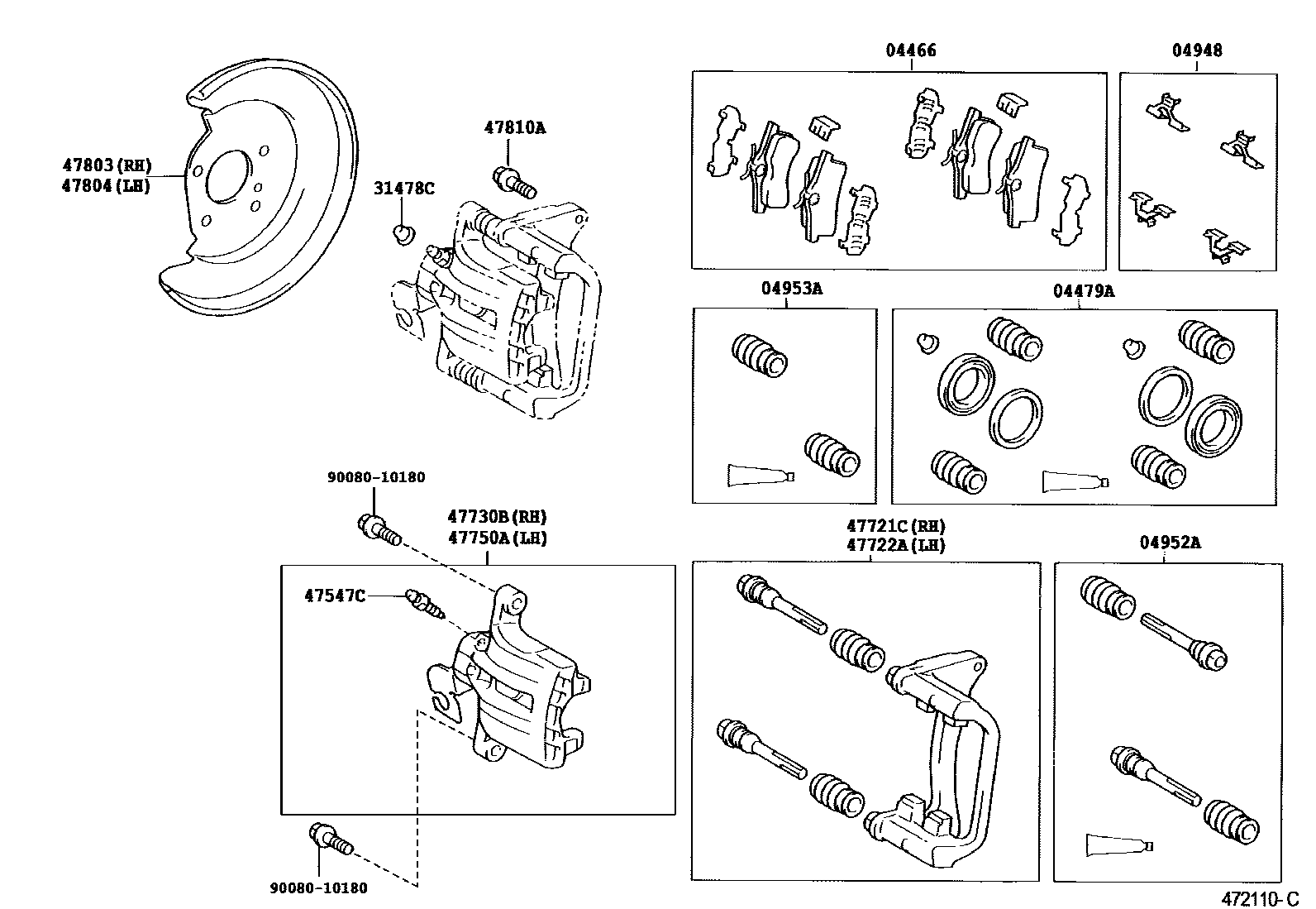 Toyota COROLLA 后盘式制动器卡钳和防尘罩 EPC diagram — 472110C