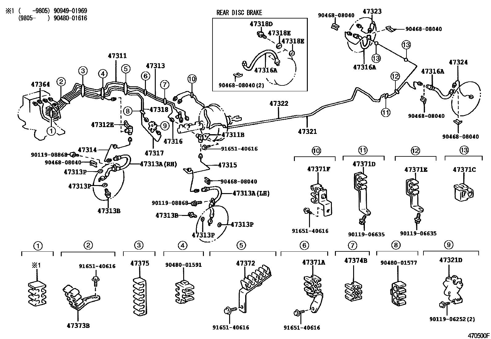 Toyota COROLLA 制动配管和卡箍 EPC diagram — 470500F