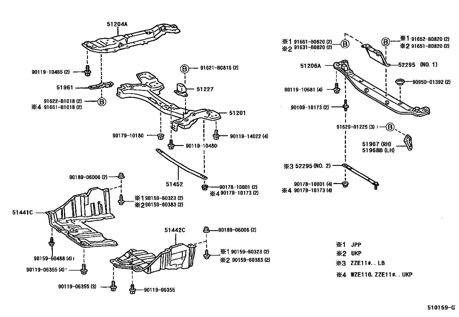 Toyota COROLLA 悬架横梁和发动机底罩 EPC diagram — 510159G