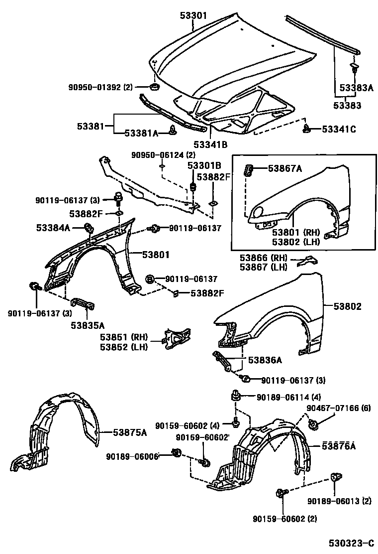 Toyota COROLLA 发动机盖和前翼子板 EPC diagram — 530323C