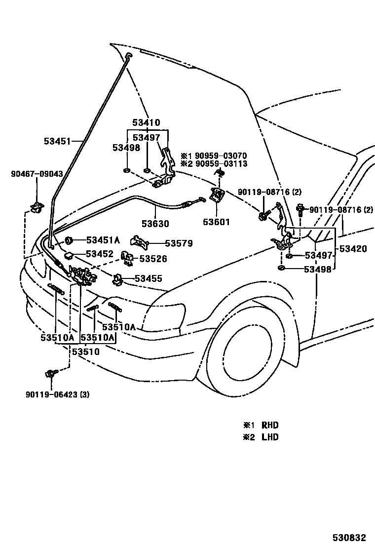 Toyota COROLLA 发动机盖锁和铰链 EPC diagram — 530832