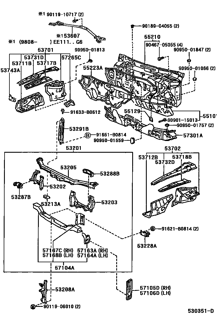 Toyota COROLLA 前翼子板挡泥板和前围板 EPC diagram — 530351D