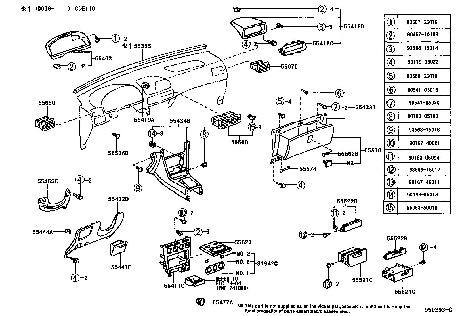 Toyota COROLLA 仪表板和手套箱 EPC diagram — 550293G