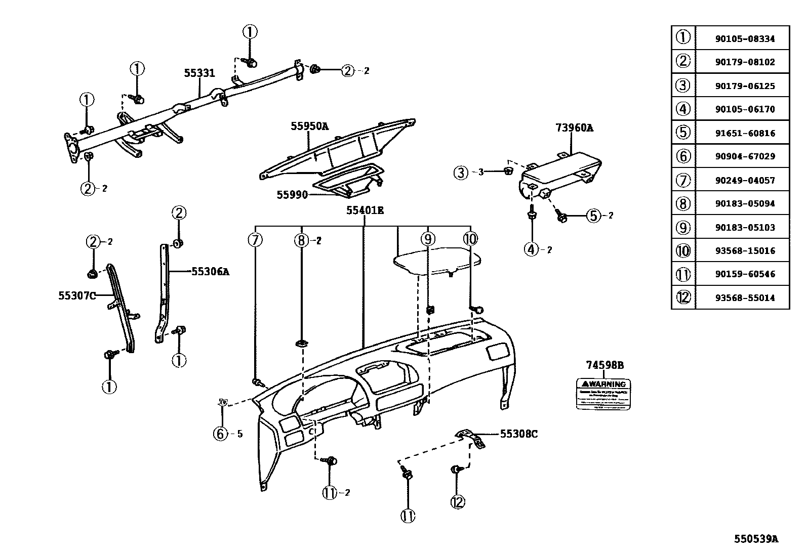 Toyota COROLLA 仪表板和手套箱 EPC diagram — 550539A
