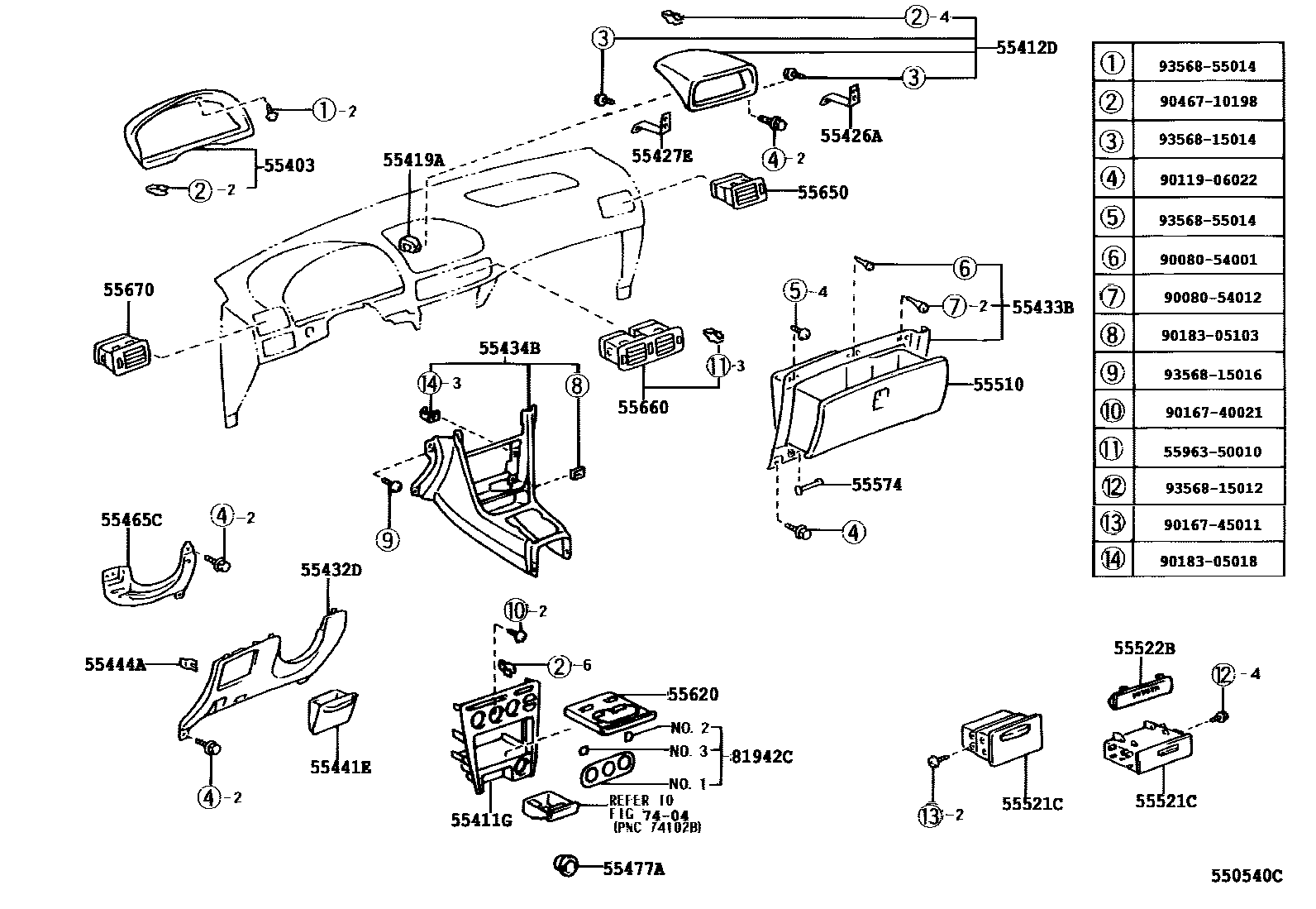 Toyota COROLLA 仪表板和手套箱 EPC diagram — 550540C