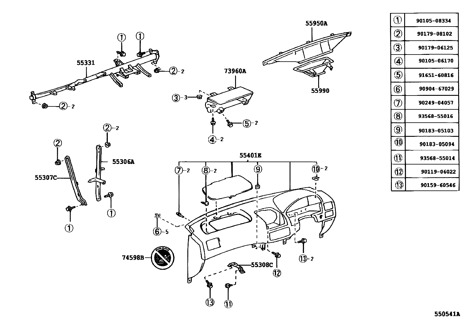 Toyota COROLLA 仪表板和手套箱 EPC diagram — 550541A