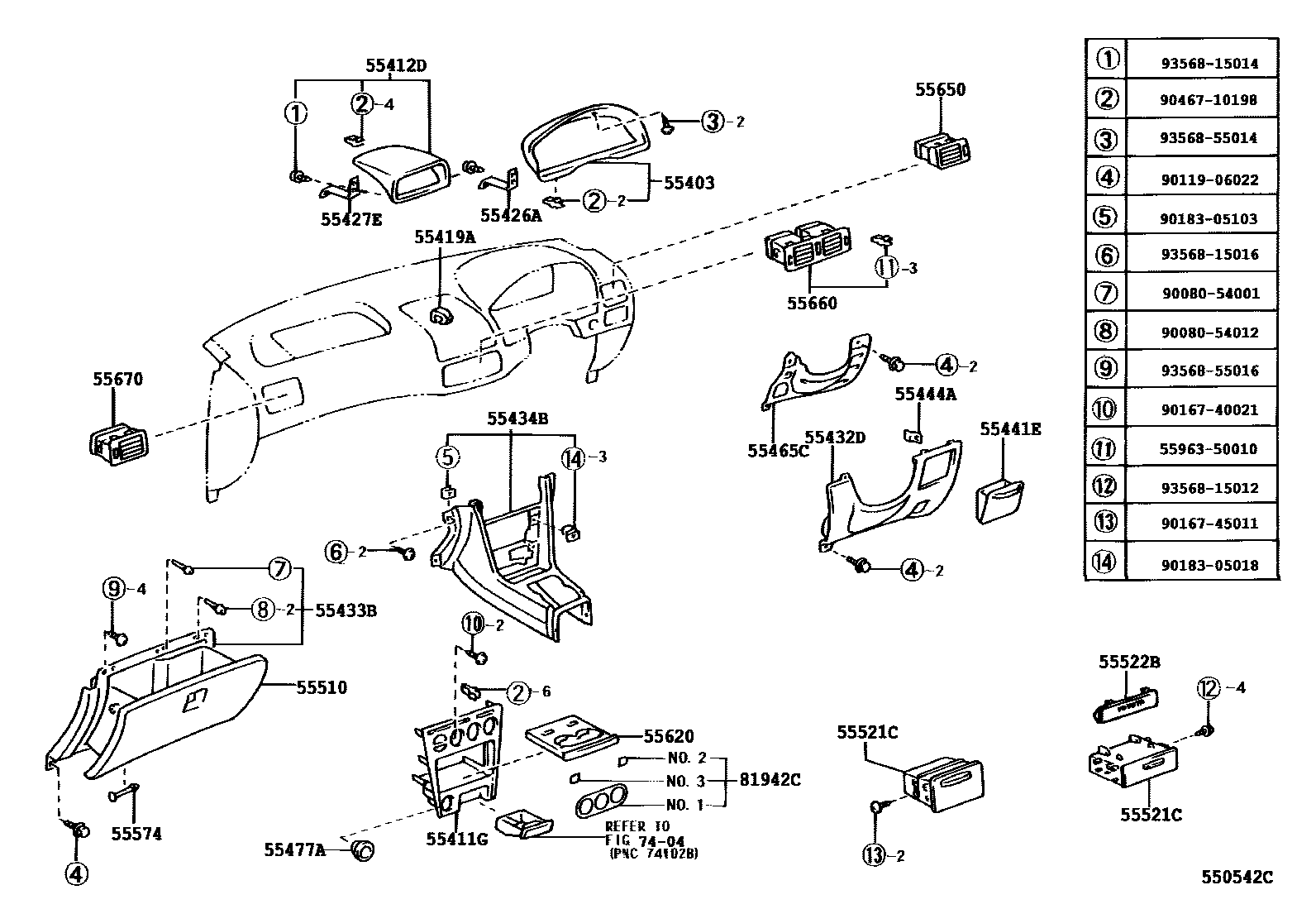 Toyota COROLLA 仪表板和手套箱 EPC diagram — 550542C