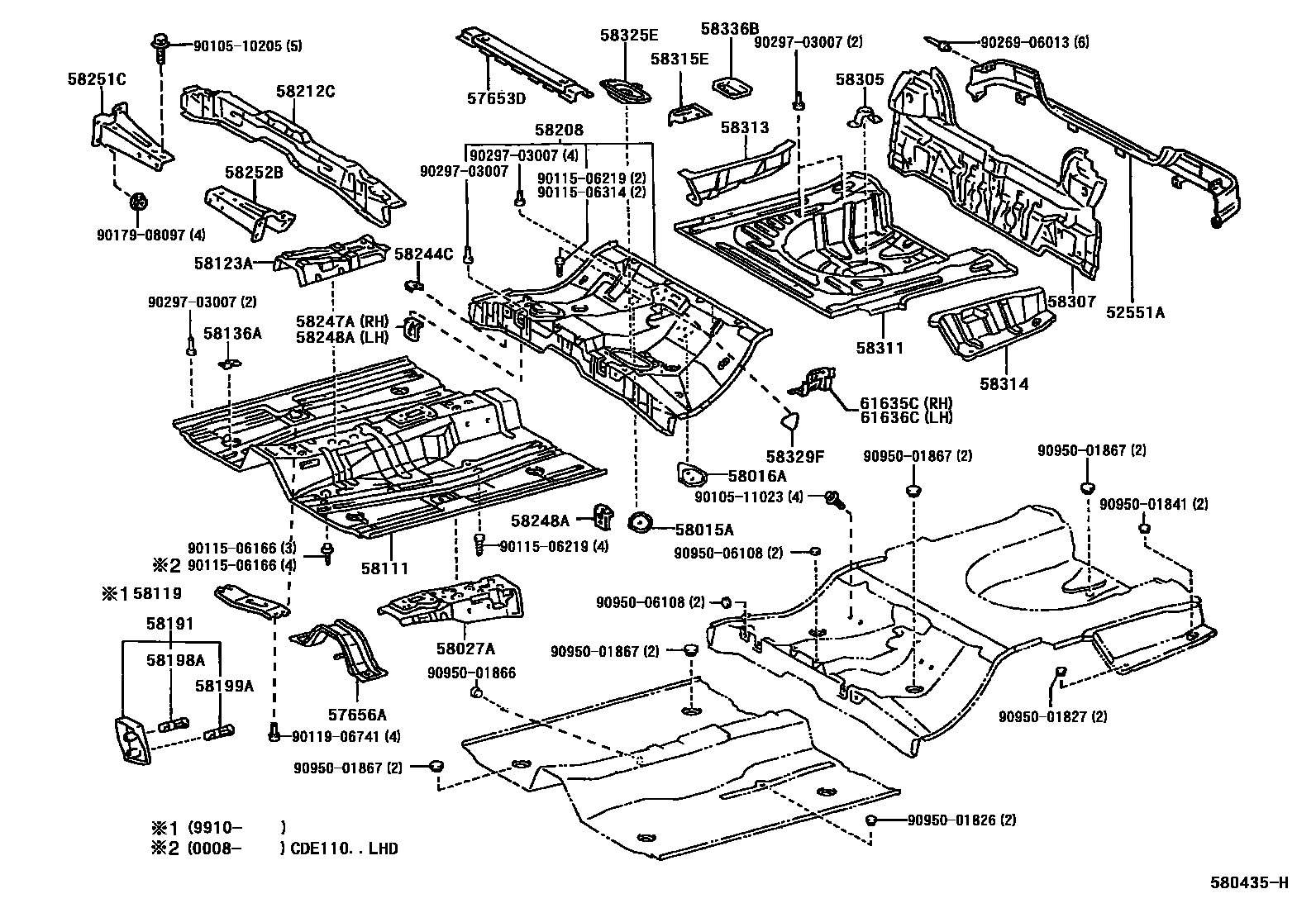 Toyota COROLLA 浅盘形地板和车身下背板 EPC diagram — 580435H
