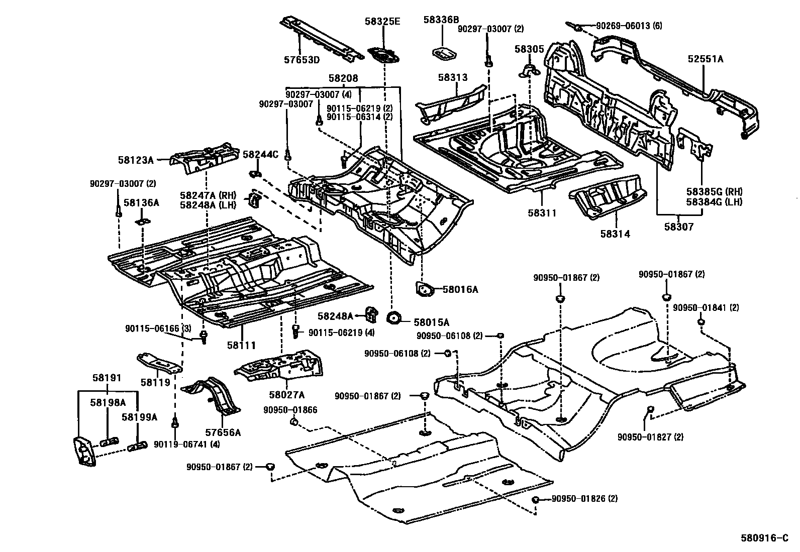 Toyota COROLLA 浅盘形地板和车身下背板 EPC diagram — 580916C