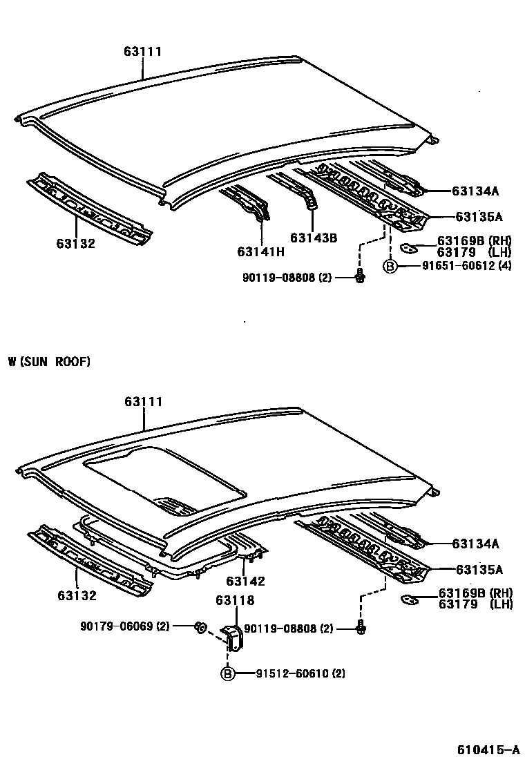 Toyota COROLLA 天窗板和背窗玻璃 EPC diagram — 610415A