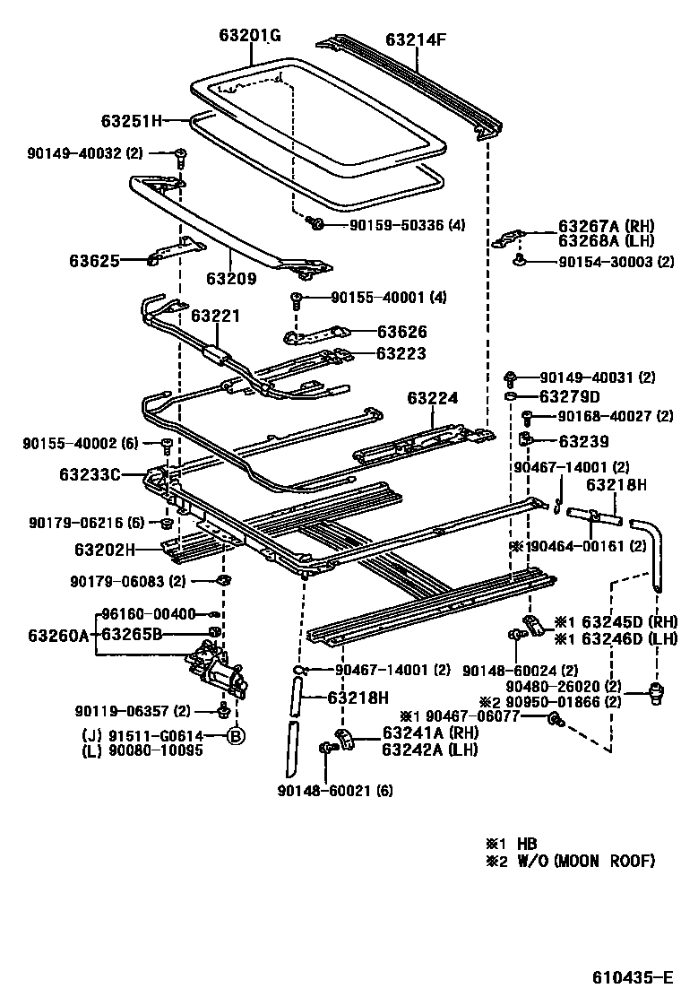 Toyota COROLLA 天窗板和背窗玻璃 EPC diagram — 610435E