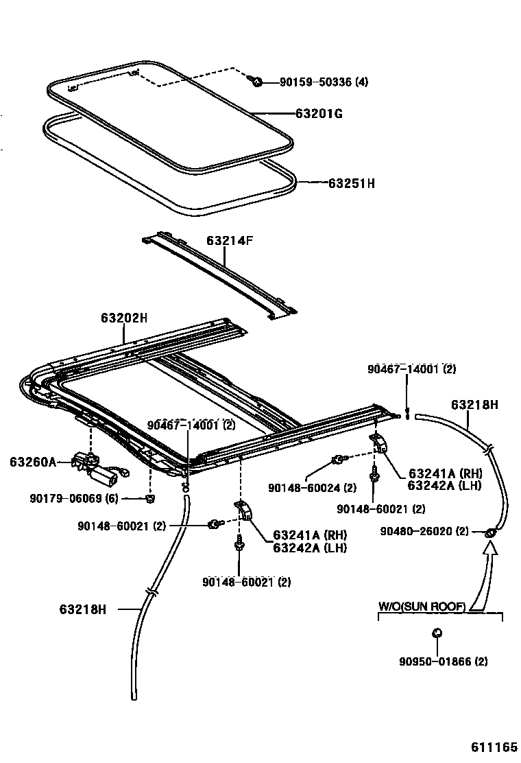 Toyota COROLLA 天窗板和背窗玻璃 EPC diagram — 611165
